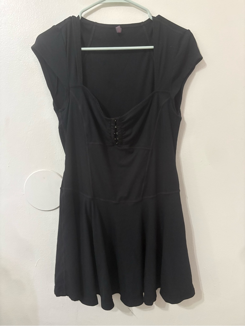Free People Black Cap-Sleeve Mini Dress with Hook Front